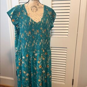 BloomChic Teal Floral V-Neck Smocked Midi Dress